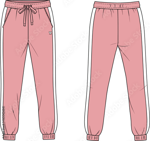 Pink jogger pants with white side stripes, front and back view, modern casual fashion cad drawing flat vector illustration design