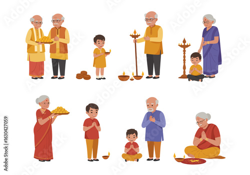 A collection of heartwarming illustrations depicting an Indian family with grandparents and a grandson celebrating a traditional festival, showcasing cultural rituals and family bonding.