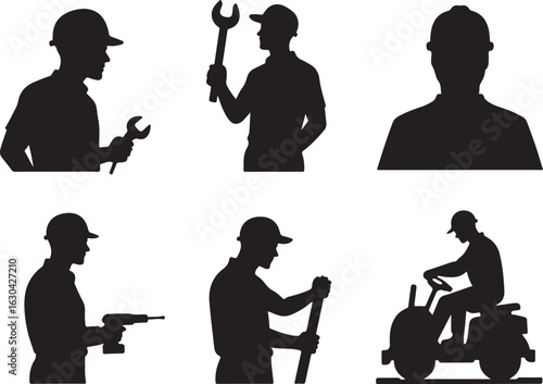 Silhouetted construction workers handy man tasks set in black