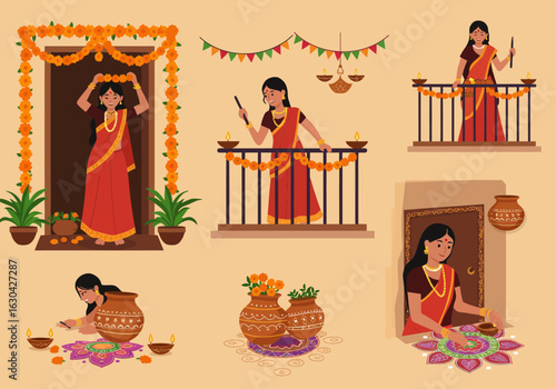 Set of illustrations depicting a woman celebrating a traditional Indian festival, decorating with marigold garlands, lighting diyas, and creating a rangoli.