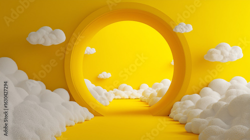 Surreal 3D render with soft white clouds emerging from a tunnel, set against a bold yellow background — evoking a dreamy, minimal atmosphere.

