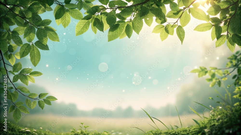 Obraz premium Sunlight filtering through lush green leaves creating a serene forest canopy