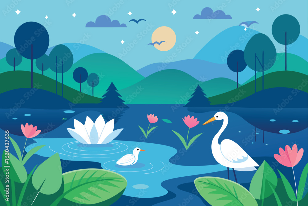 Naklejka premium Lotus Pond at Night Vector Background