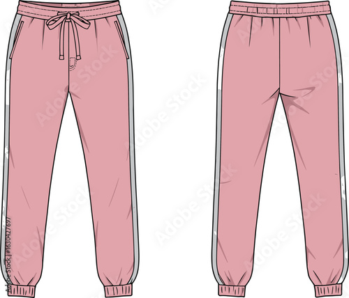 Pink jogger pants vector illustration, fashion flat sketch, elastic waist sweatpants with drawstring, side stripe detail, front and back view