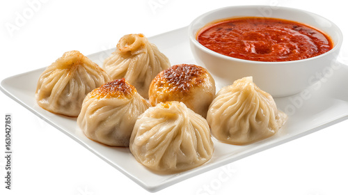 Delicious momos served on a white plate with a savory sauce. background removed