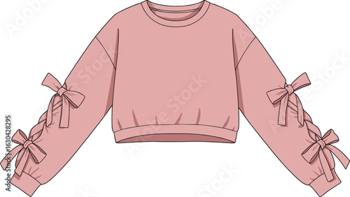Trendy pink cropped sweatshirt with sleeve bows, long sleeves, round neck, casual fashion wear, flat vector CAD illustration