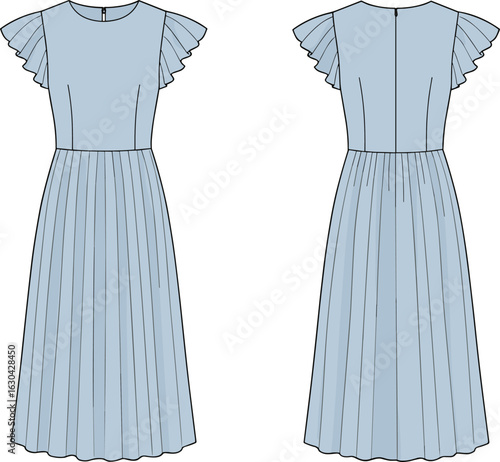 Elegant pleated blue midi dress with flutter sleeves, back zipper closure, front and back view, flat cad vector illustration