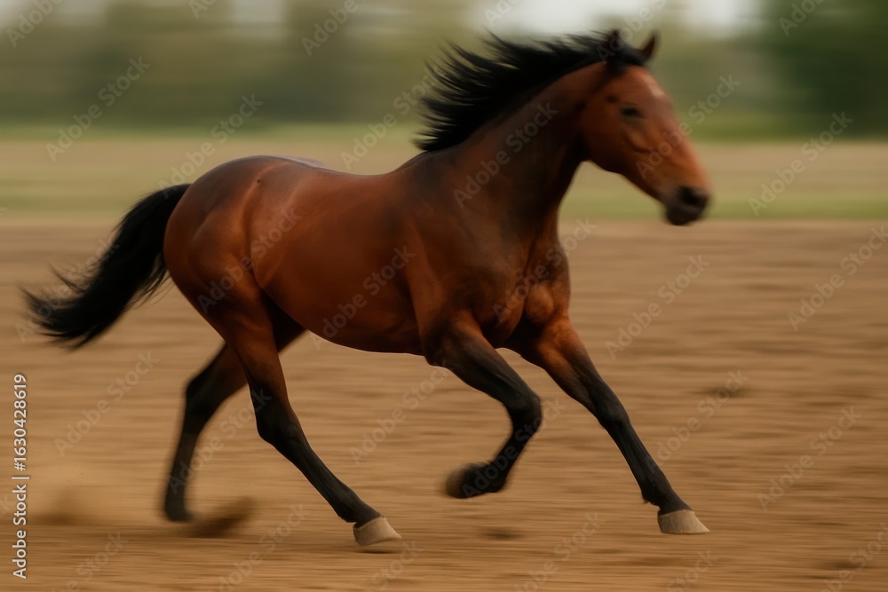 Obraz premium A brown horse gallops with grace on a dusty track