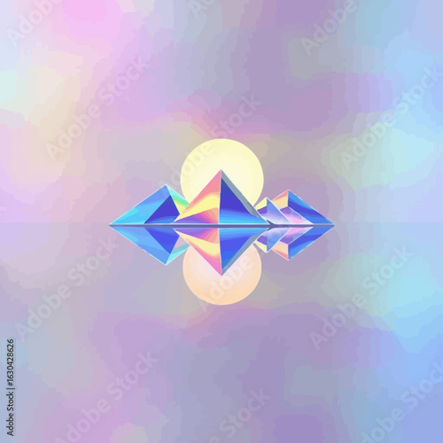Abstract landscape featuring reflective pyramids against a pastel-colored sky and a bright sun, creating a surreal and dreamlike atmosphere.
