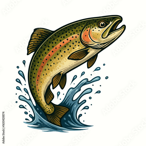 Realistic rainbow trout jumping from water splash. Detailed fishing sport vector.