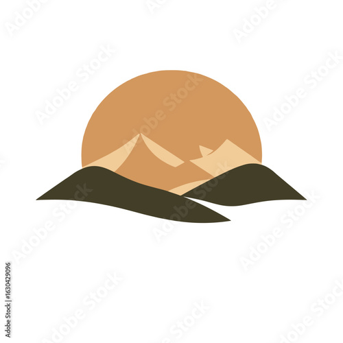 Desert landscape silhouette at sunset, featuring stylized sand dunes and hills.