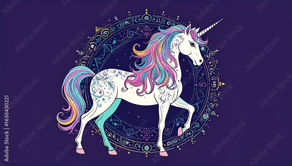 Fototapeta premium A majestic unicorn with a rainbow mane and tail, adorned with intricate patterns, stands within a mystical circular frame against a deep purple backdrop