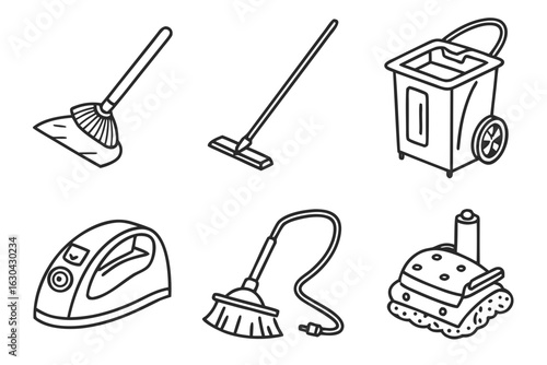 Collection of Cleaning Tools and Supplies.