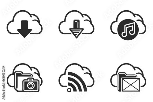 Cloud Computing Icons Set with Download Music Photos WiFi and Email.