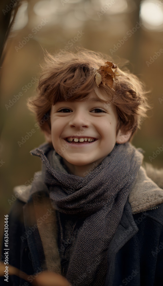 Joyful 6-Year-Old Boy with Chestnut Hair and Leaves Joyful 6-Year-Old Boy with Chestnut Hair and Leaves
