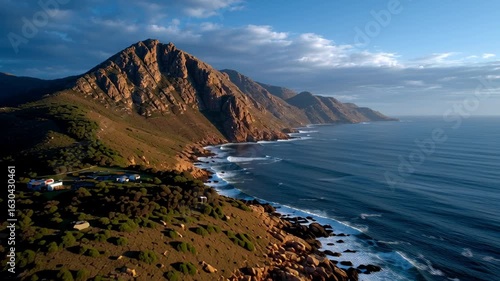 Aerial view of Cape Hangklip point in South Africa, where the sea meets the sky. A rocky island emerges from the ocean, captured from above in a dramatic and scenic coastal landscape