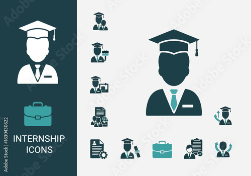 Modern Internship Icon Set: Graduate, Briefcase, Resume, and Career Growth Symbols in Teal and Dark Blue.