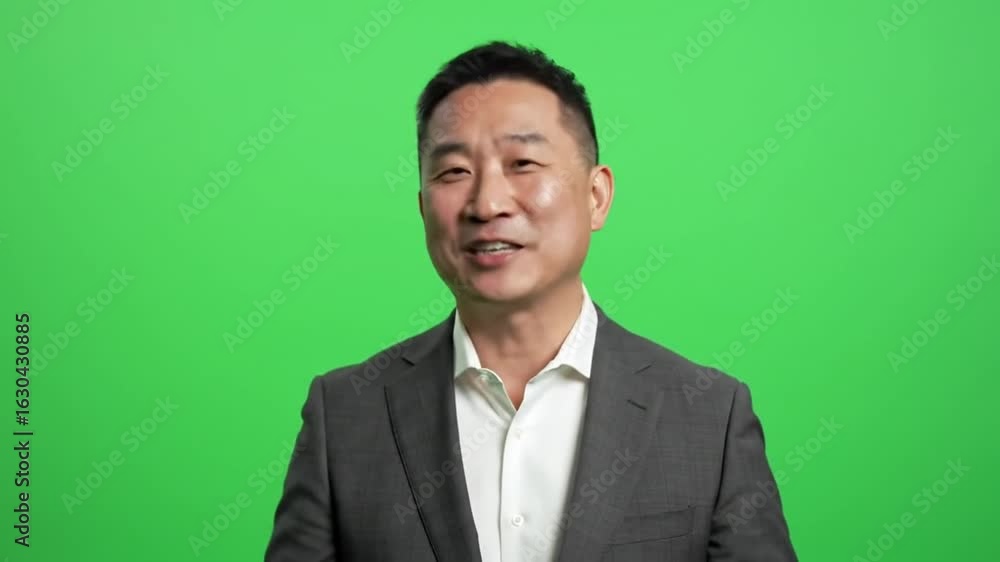 Man in Formal Suit Smiling Confidently in Front of Green Screen Man in Formal Suit Smiling Confidently in Front of Green Screen