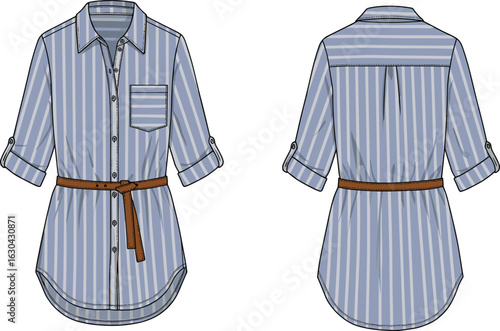 Blue striped belted shirt dress with roll-up sleeves, front and back CAD flat sketch, casual tunic top fashion vector