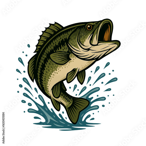 Jumping largemouth bass with water splash. Modern fishing sport mascot vector.