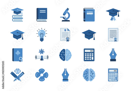 Education Icons: Flat Design, Blue Palette, Knowledge, Learning, Graduation, Success, Academic Achievement,  Study,  Intelligence,  Ideas,  Research,  Diploma,  Books,  Brainpower.