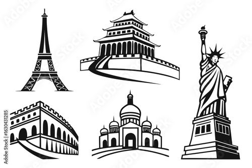 Iconic Global Landmarks Collection Eiffel Tower Great Wall Statue of Liberty Colosseum and Mosque.