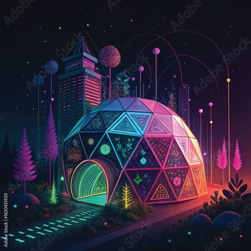 Futuristic Geodesic Dome: A Neon-Lit Entrance to a Digital City