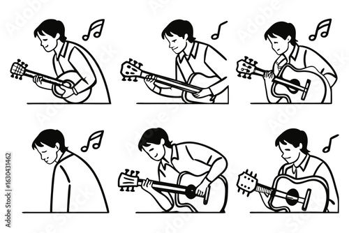 Person Playing Guitar and Banjo with Musical Notes.