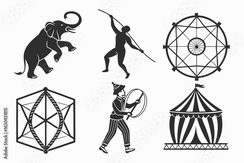 Vintage Circus Icons Collection Featuring Elephant and Performers.