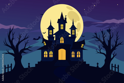 Spooky Dilapidated Mansion Looming Against a Massive Moon