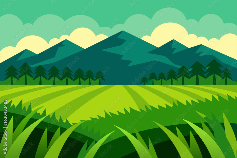 Fototapeta premium Verdant Rice Paddies Stretching Towards Rolling Hills