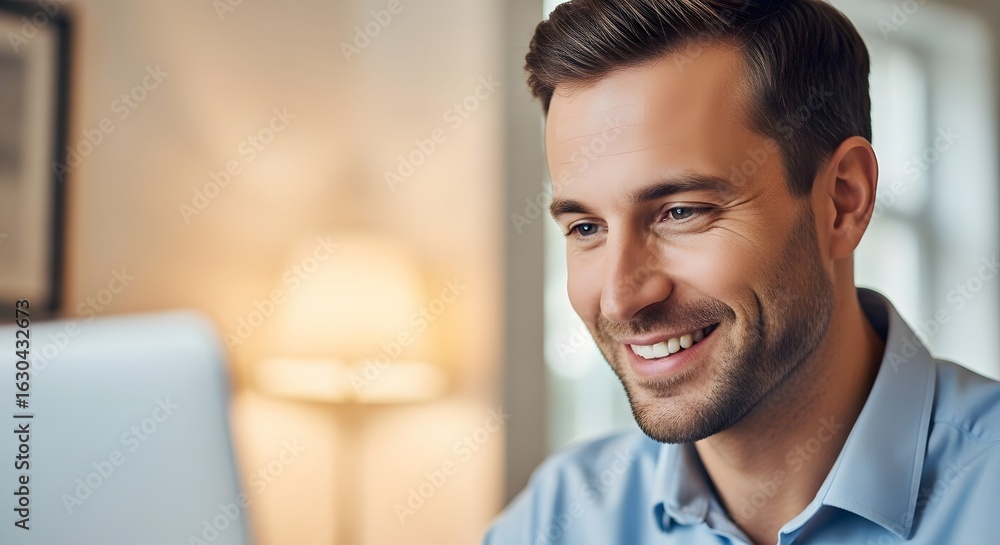 Naklejka premium A man with a beard, wearing a blue shirt, is sitting at a laptop in a cozy living room with a warm, inviting ambiance.