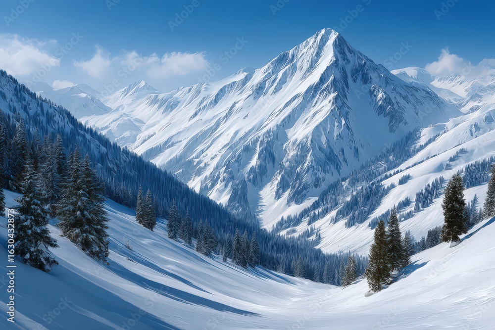 Fototapeta premium Majestic snow-capped mountains under a bright blue sky enveloping serene winter landscape embracing tranquility in the untouched beauty of nature and picturesque wilderness