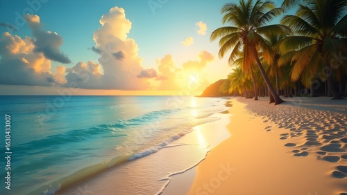 Stunning Tropical Beach view with Gentle Waves  Palm Trees  and a Vibrant Sunset