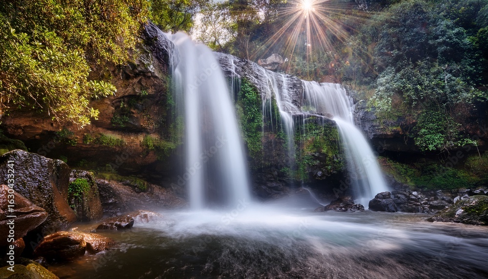 Obraz premium captivating waterfall scene with frozen time and glimmering suspended droplets in action