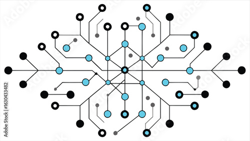 Abstract geometric network of interconnected lines and nodes in a symmetrical pattern with blue and black circular elements representing data flow and connections on a white background