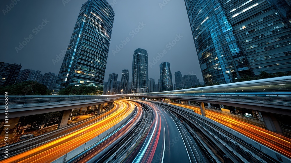 Fototapeta premium City skyscrapers tower over a busy highway at night with streaks of light from moving vehicles creating dynamic motion