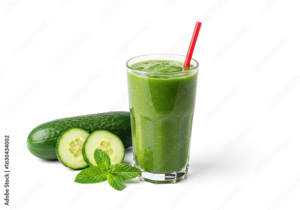 Tall glass of vibrant green cucumber mint smoothie with fresh ingredients image