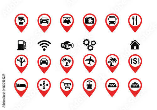 Red map pointer icons:  travel, transportation, services, and location symbols; flat design; minimalist style; clean and modern aesthetic.