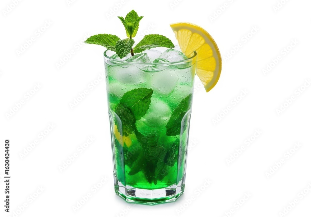 Fototapeta premium Tall glass of vibrant green mint cocktail with lemon slice and ice drink