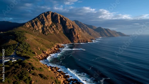 Aerial view of Cape Hangklip point in South Africa, where the sea meets the sky. A rocky island emerges from the ocean, captured from above in a dramatic and scenic coastal landscape