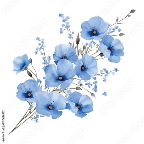 Blue Poppy Watercolor Vector Bouquet with Transparent Background in PNG for Floral Arrangements and Artistic Compositions