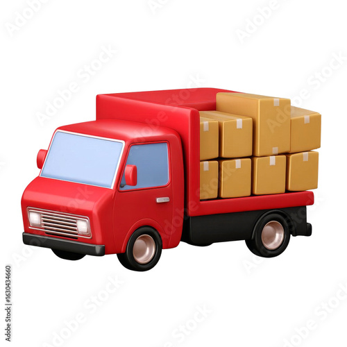 Colorful red delivery truck with boxes, white isolate background
