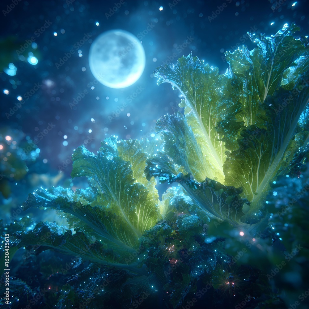 Fototapeta premium Surreal fantasy lettuce field illuminated by the moon, with leaves glowing in soft blue-green light.