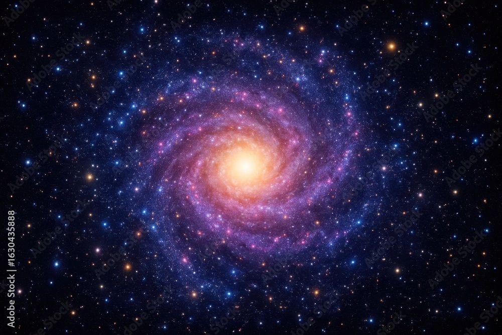 Obraz premium A cosmic spiral galaxy in deep space, radiating with a warm glow of stars