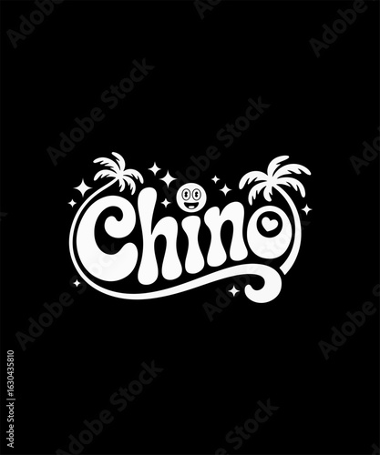 Chino Tropical Typography – White Stylized Text with Palm Trees, Smiling Face, Stars, and Heart on Black Background for Playful and Beach-Inspired Merchandise