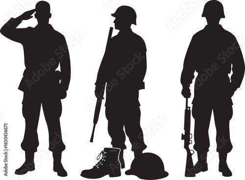 Patriotic soldiers salute, stand guard with rifles, honor nation.