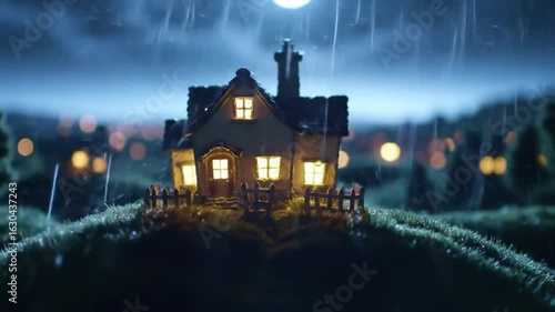 Miniature house with lights on sitting on a hill during a rainy night scene