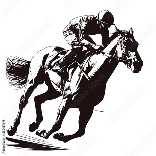 Vector illustration of a powerful racehorse and jockey galloping at full speed during a competitive race on a sunny day