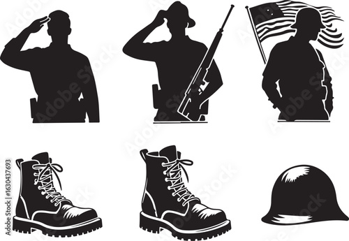 Silhouette of soldiers and gear, representing service and patriotism for your project